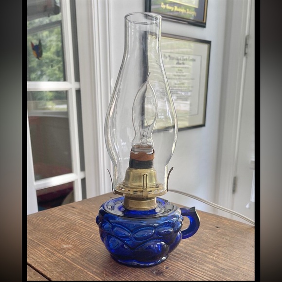 Small Cobalt Blue Glass Hurricane Lamp Electric - Picture 4 of 8